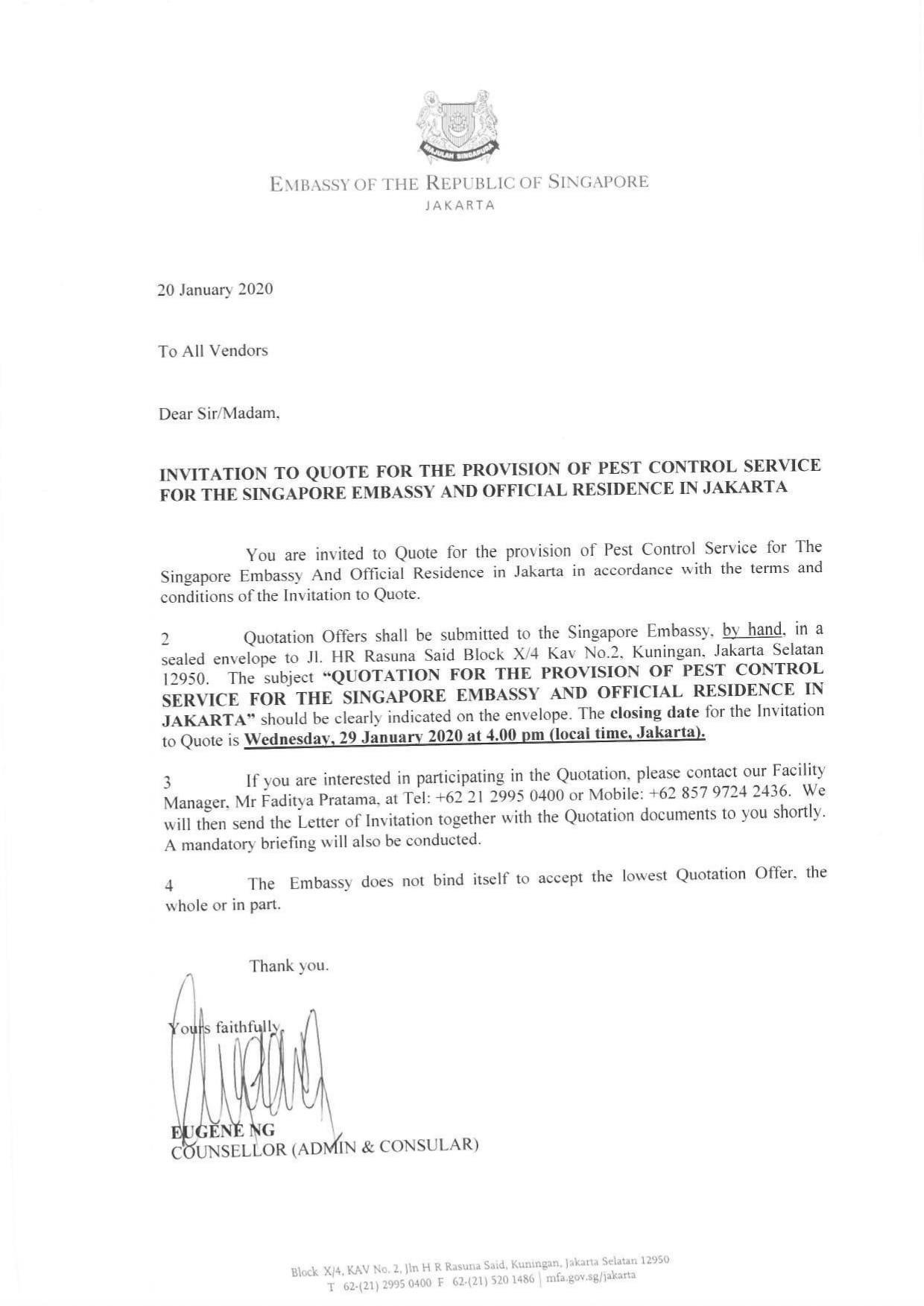 Letterhead from the Singapore Embassy in Jakarta regarding pest control service quotes.